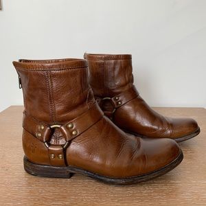 Cognac Frye leather booties